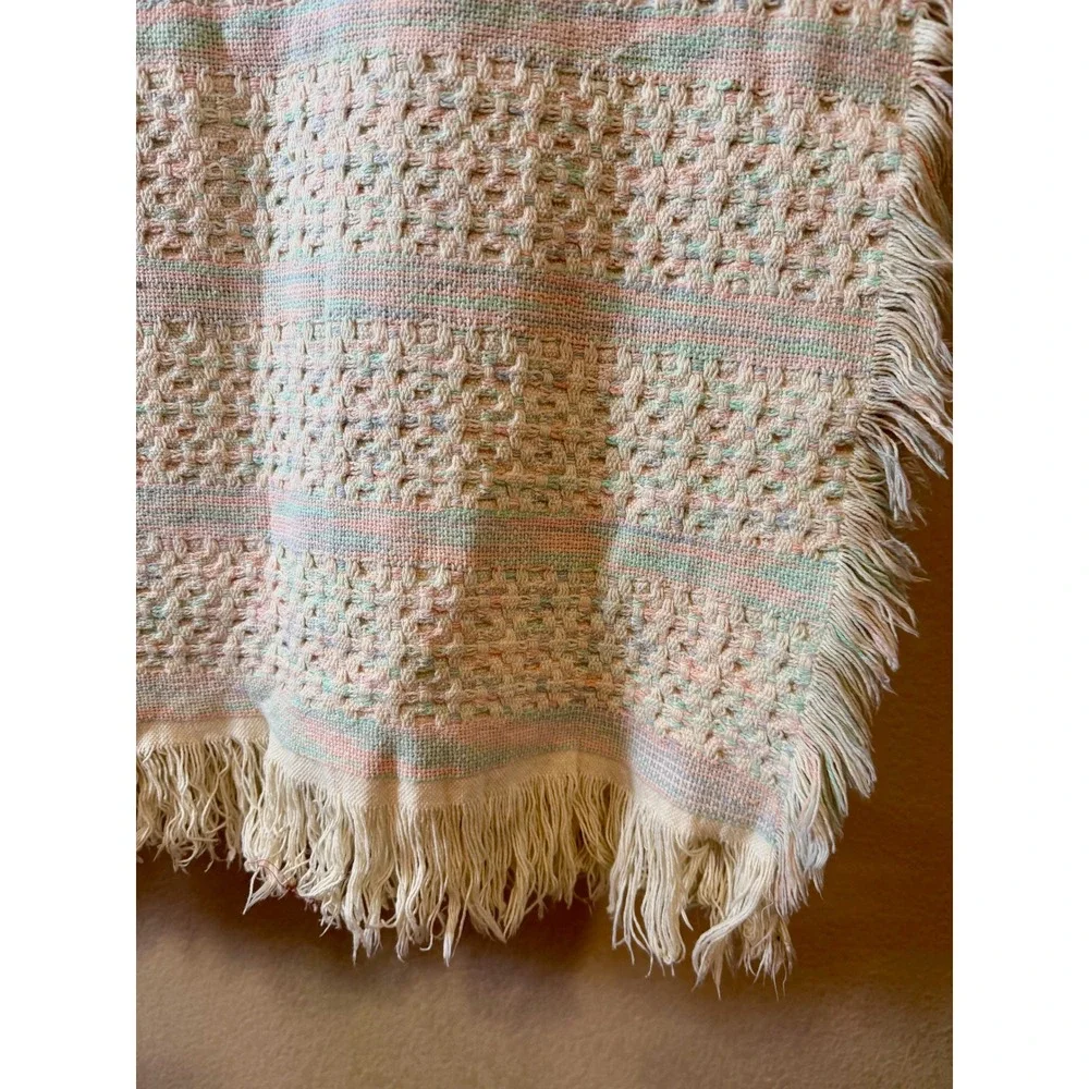 Vintage Beacon Cotton Thermal Blanket Pastel Multi Color Fringe Waffle Weave USA